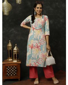 Coral Kantha Work Printed Straight Kurta With Palazzo  