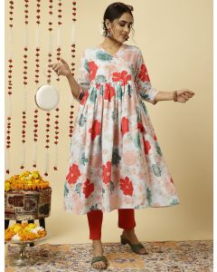 Light Blue Floral Printed Gathered Angrakha Kurta 