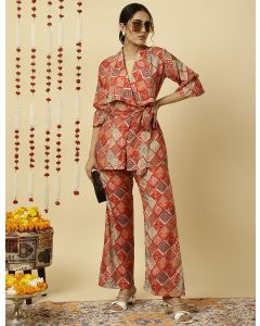 Red Multicolor Print Wrap Top With Palazzo Co-Ord Set