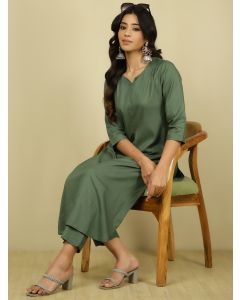 Olive Green Pleated Straight Kurta With Pants