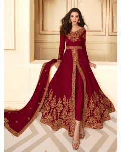 Embroidered Semi-Stitched Georgette Kurta And Trousers With Dupatta-7213 Maroon