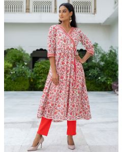 White Angrakha Styled Ethnic Print Cotton Kurta