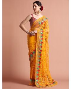 Party Wear Floral Embroidered Net Yellow Saree