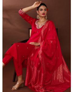 Solid Embroidered Chanderi Silk Kurta & Trousers Sets-7O- Aashii Maroon