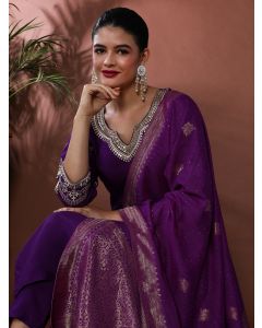 Solid Embroidered Chanderi Silk Kurta & Trousers Sets-7O- Aashii Wine