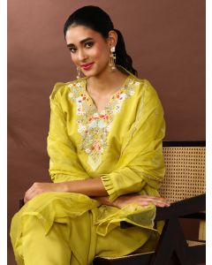 Solid Embroidered Chanderi Silk Kurta & Trousers Sets-7O- NAVYA Lime Green