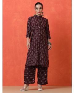 Floral Printed Straight Viscose Rayon Kurta & Trousers Sets-8009 Maroon