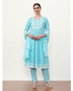 Embroidered Pure Cotton Floral Kurta Sets With Dupatta-8024 Sky Blue