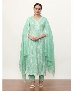 Embroidered Pure Cotton Floral Kurta Sets With Dupatta-8025 Green