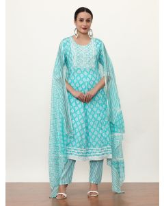Embroidered Pure Cotton Colourblocked Kurta Sets With Dupatta-8026 Sky Blue