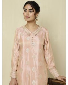 Peach Pure Silk Jacquard Handwork Kurta With Palazzo 