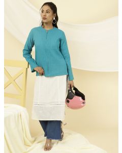 Turquoise Blue Pintuck Cotton Jacket Style Shirt