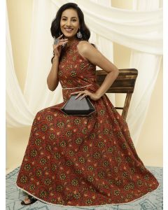 Rust Ethnic Printed Cotton Dress 