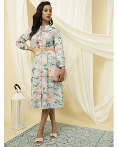 Abstract Print Blue A-line Dress With Belt