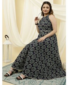 Blue Ethnic Printed Cotton Women Dress 
