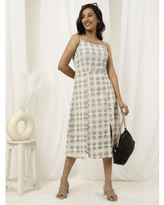 Beige And Black Printed Strappy Cotton Dress With Slits