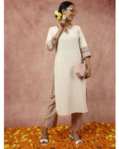 Mirror Embroidered Beige Straight Kurta With Geometric Printed Pants