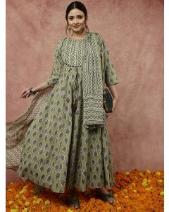 Olive Green Ethnic Printed Flared Kurta With Zig-Zag Printed Pants And Dupatta