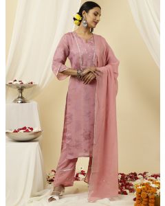 Embellished Lavender Pure Jacquard Silk Straight Kurta With Pants And Organza Dupatta