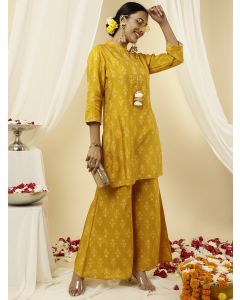Bandhani Printed Dola Silk Mustard Co-ord Set