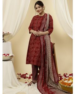 Red Bandhani Flared Print Kurta With Pants And Dupatta