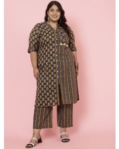 Plus Size Charcoal Grey Ethnic Printed Straight Kurta With Pants