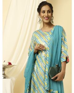 Turquoise Blue Leheriya Straight Kurta With Palazzo And Dupatta 