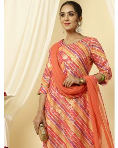 Orange Leheriya Straight Kurta With Palazzo And Dupatta 
