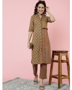 Brown Ethnic Printed Straight Kurta With Pants 