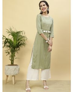 Green Self Stripe Straight Kurta 