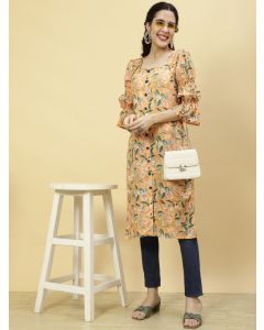 Yellow Floral Printed Rayon Straight Kurta