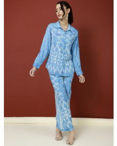Turquoise Blue Hand Tie -Dye Bagru Printed Office Co-ord Set 