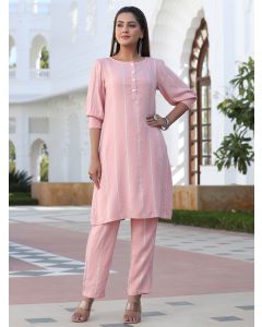 Pink Self Weave Yarn Dyed Rayon Co-Ord Set With Pearl Embellished Back Slit Kurta And Pants.