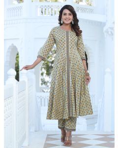 Yellow Ethnic Print Circular Kurta With Printed Pant