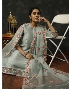 Blue Embroidered Art Silk Chanderi A-line Kurta With Pants And Dupatta