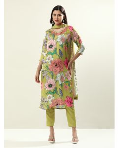 Embroidered Satin Floral Kurta Sets With Dupatta-ALEXA2 Green