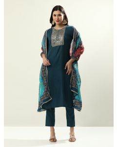 Yoke Design Cotton Blend Solid Kurta Sets With Dupatta-ALEXA3 Teal