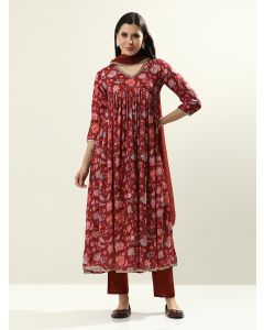 Embroidered Art Silk Floral Flared Kurta Sets With Dupatta-ALEXA4 Red