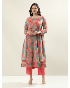Floral Printed Anarkali Organza Flared Kurta & Palazzos Sets-Anika Peach