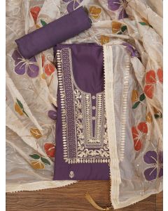 Lavender Handpainted Embroidered Pure Silk Dress Material with Dupatta