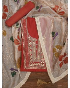 Rust Handpainted Embroidered Pure Silk Dress Material with Dupatta