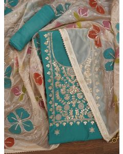 Teal Floral Printed Embroidered Pure Silk Dress Material with Dupatta