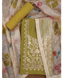 Lime Floral Printed Embroidered Pure Silk Dress Material with Dupatta