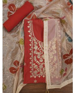 Peach Floral Printed Embroidered Pure Silk Dress Material with Dupatta