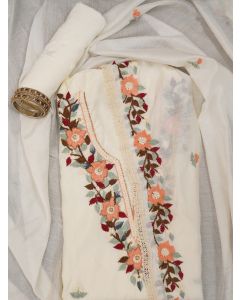 Off White Pure Silk Lucknowi Embroidered Dress Material with Dupatta