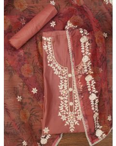 Pink Pure Silk Lucknowi Embroidered Dress Material with Dupatta