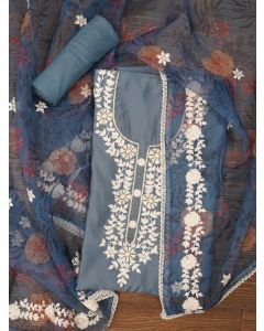Grey Pure Silk Lucknowi Embroidered Dress Material with Dupatta