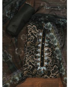 Olive Green Unstitched Embellished Organza Dress Material With Dupatta	