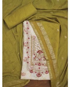 Festive Off White Silk Blend Zari Woven Dress Material With Dupatta	