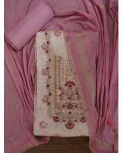Festive Silk Blend Off White Zari Woven Dress Material With Dupatta	